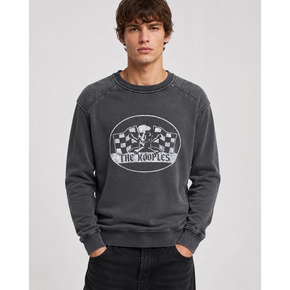 The Kooples Skull Checkered Flag Graphic Sweatshirt Charcoal Black Size S NWT